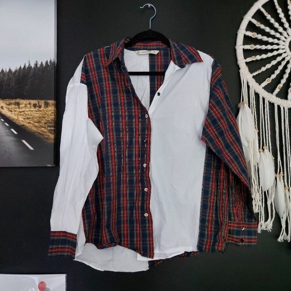 ZARA BASIC SPLIT PLAID / WHITE BUTTON UP SHIRT - Picture 2 of 5